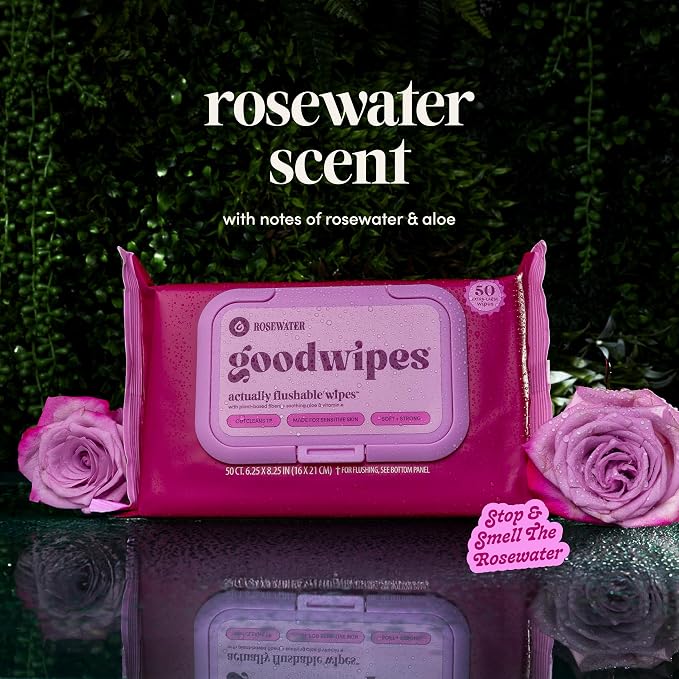goodwipes Flushable Wipes for Adults - Rosewater Butt Wipes for Women & Men, Septic Safe, Toilet & Bathroom Essentials, Extra Large, 318 Count (6 Packs and 1 Travel Pack)