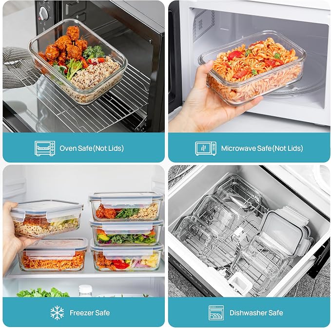 Vtopmart 5Pack 30oz Glass Storage Containers with Lids, Glass Meal Prep Food Container Sets with Snap Airtight Lid for Microwave, Oven, Freezer and Dishwasher, Grey