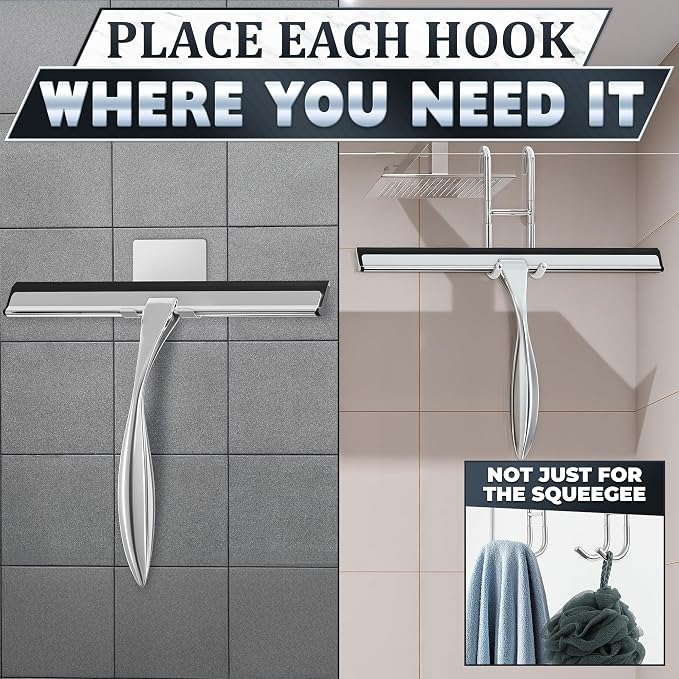 12" Silver Shower Door Squeegee - Stainless Steel Shower Squeegee for Streak-Free Bathroom Glass with Silicone Blade, Adhesive & Hanging Hooks for Mirror, Tile, Window, Car, Multi-Surface Everyday Use