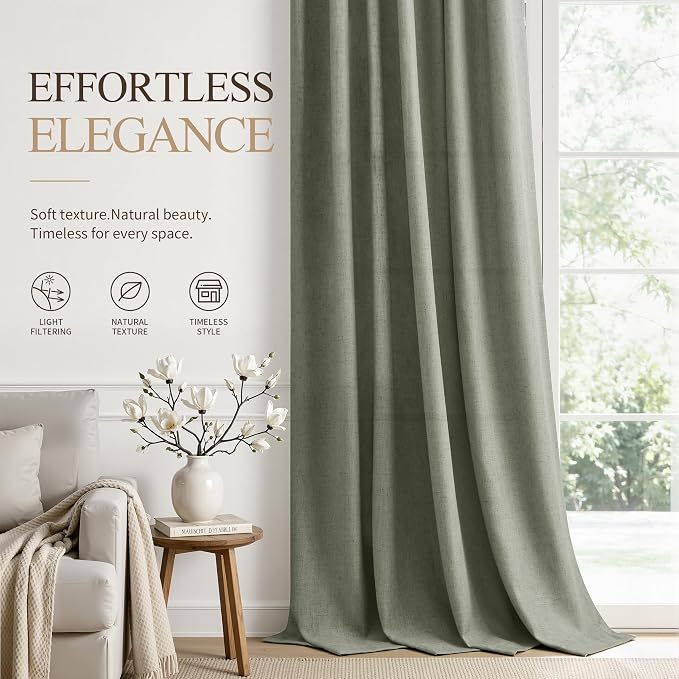 Hokibero Sage Green Linen Curtains 108 Inches Long Drapes for Living Room | Light Filtering Sheer Curtain 2 Panels, Back Tab Pocket Pleated Look, Green Privacy Drape for Bedroom Window, Boho Farmhouse
