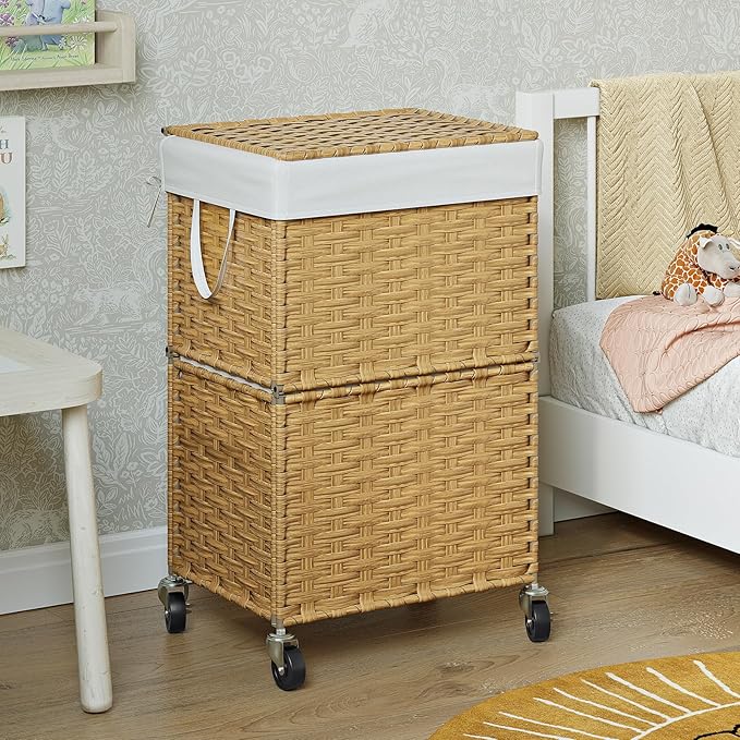 Chrislley Wicker Laundry Basket with Wheels,Rolling Laundry Hamper with Lid | 90L Slim Clothes Hamper with Wheels & Removable Liner Bag, Handwoven Rattan Laundry Organizer for Bedroom, Bathroom, Yellow