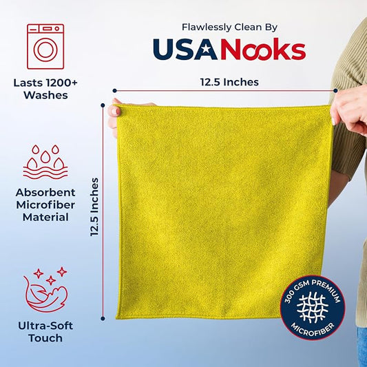 USANOOKS Microfiber Cleaning Cloth Yellow - 50 Pcs 12.5"x12.5" - High Performance - 1200 Washes, Ultra Absorbent Towels Weave Grime & Liquid for Streak-Free Mirror Shine - Car Washing Cloth