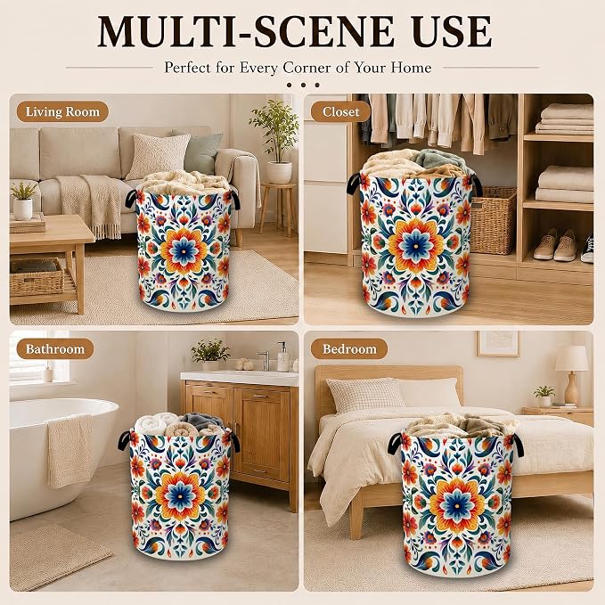 Mexico Folk Floral Large Laundry Hamper, Collapsible Oxford Clothes Basket with Handles, Freestanding Dirty Clothes Organizer for Bedroom Bathroom Dorm Laundry Room, 16 x 20.8 Inch