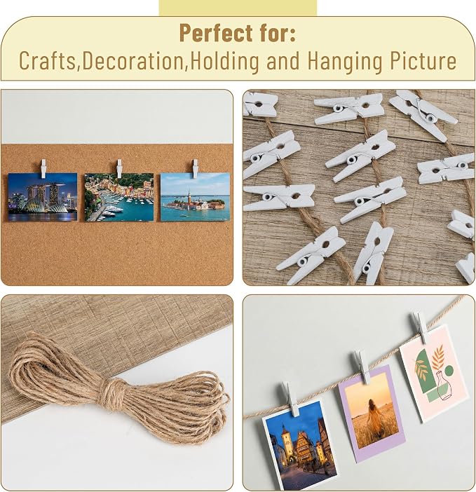 Mr. Pen- Mini Wooden Clothes Pins for Photo, 1 Inch, 200 Pack, White Small Clothespins with 10 Meter Jute Twine for Scrapbooking, Labeling Plants, Gift Tags, Tiny Crafts, Photo Display, Decoration