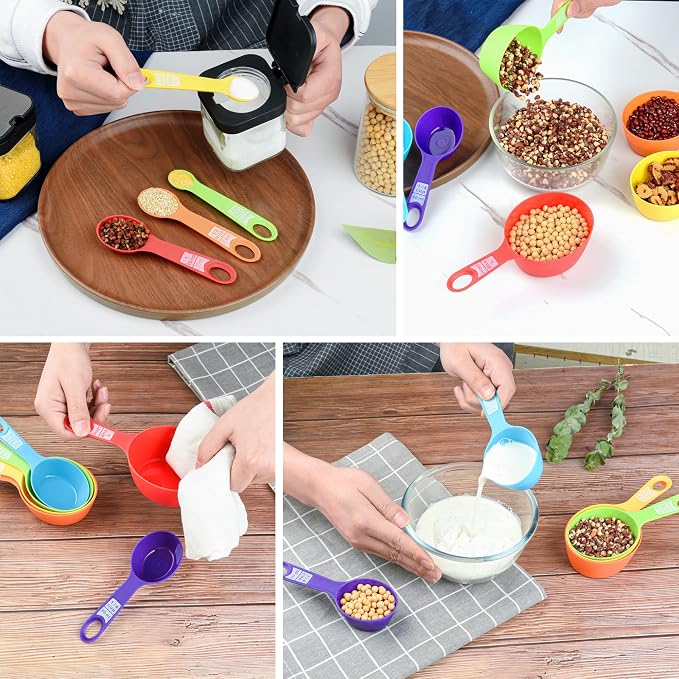 Smithcraf Measuring Cups and Spoons Set, 12 Pieces Cute Metric & US Plastic Measuring Cups and Spoons, Dry & Liquid Measure Cups and Spoons for Baking & Kitchen Random Color