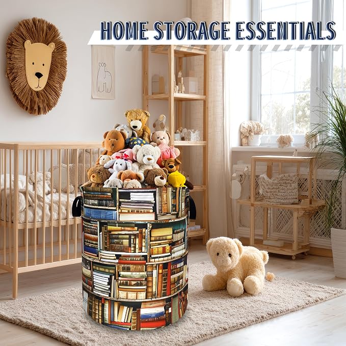 Retro Bookshelf Laundry Basket Oxford Cloth Hamper 18.9"x16.5" | Retro Books Laundry Hamper With Handle Foldable Portable Clothes Storage Laundry Bag For Laundry Room/Bedroom/Bathrooms
