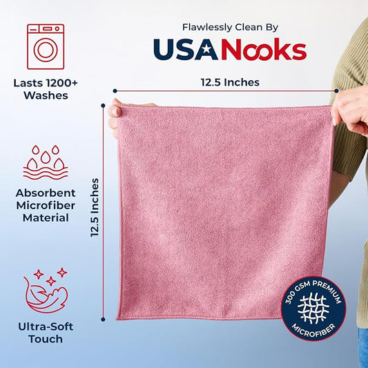 USANOOKS Microfiber Cleaning Cloth Light Pink - 12 Pcs 12.5"x12.5" - High Performance - 1200 Washes, Ultra Absorbent Towels Weave Grime & Liquid for Streak-Free Mirror Shine - Car Washing Cloth
