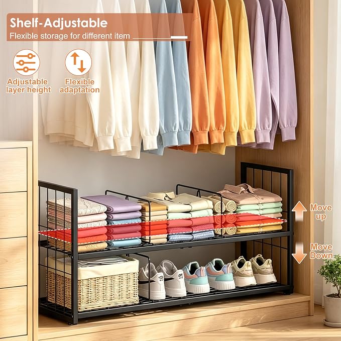 Hongtamoya 2-Pack Stackable Closet Storage Shelf with Adjustable Divide | Closet Organizer for Jeans Pant Shirt Bag Shoe Sweaters Storage, Clothing Shelving for Bedroom Wardrobe Closet System-Black