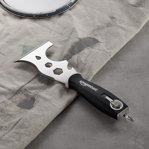Amazon Basics 14-IN-1 Soft Grip Painters Tool with Hammer End, Paint Scraper, Nail Puller, Roller Cleaner, 3", Black