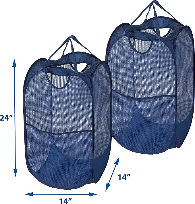 Simple Houseware Mesh Pop-Up Laundry Hamper with Side Pocket, 2 Pack | Dark Blue