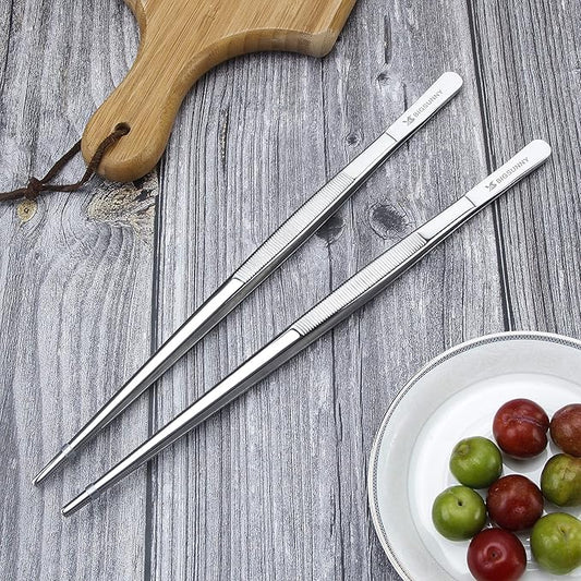 MSY BIGSUNNY Set of 2 Kitchen Tweezers Fine Tweezer Tongs 12 Inch Stainless Steel Food Tweezer, Precision Serrated Tips Food Tongs,Extra-Long Straight Tweezers