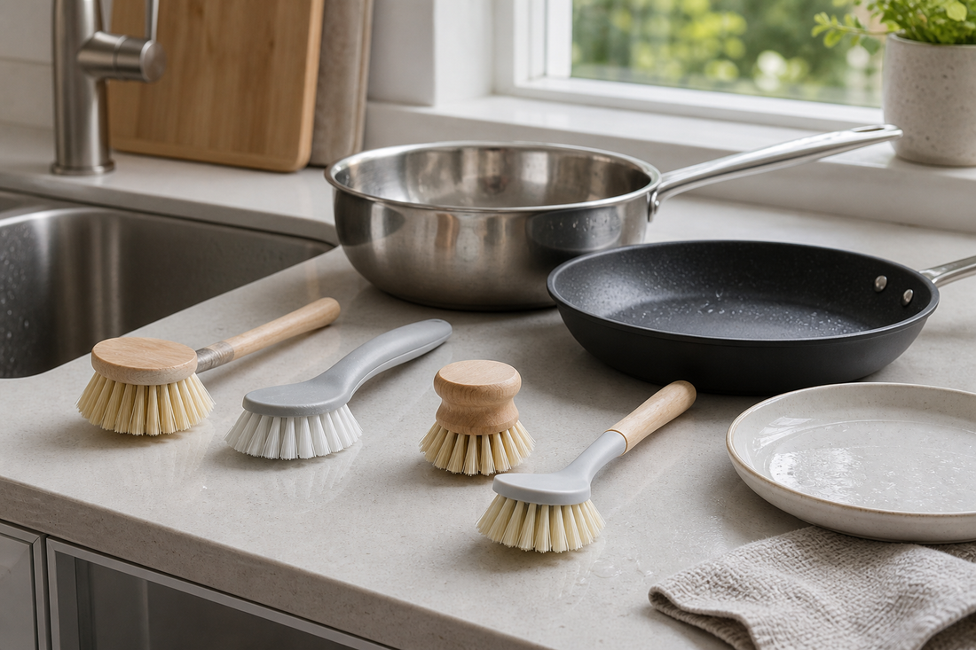 Dish brushes beside stainless steel and nonstick cookware at a kitchen sink