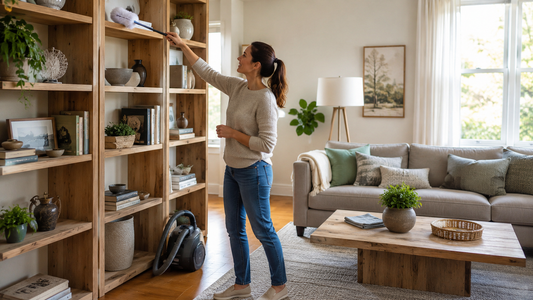 Woman dusting a high bookshelf in a bright living room