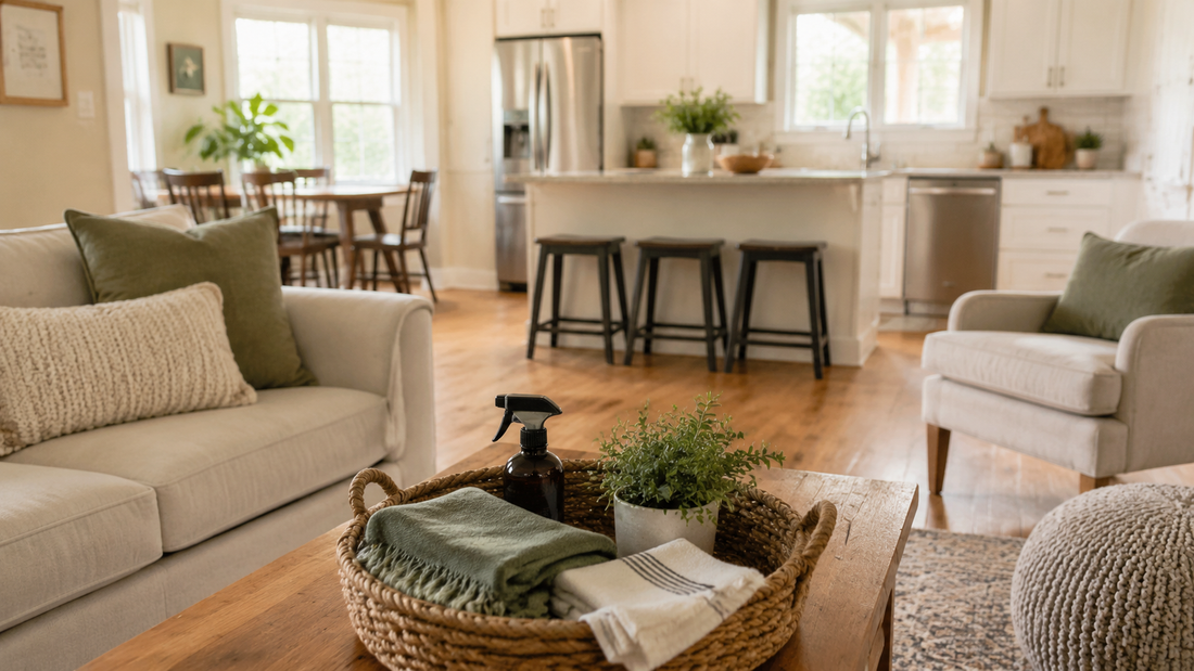 Organized living room and kitchen prepared for a 30-minute weekend home reset