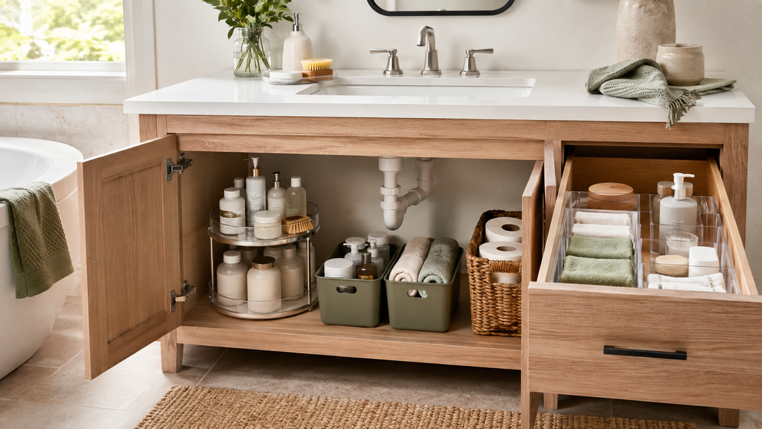 Organized bathroom vanity cabinet and drawer with bins, dividers, towels, and storage baskets