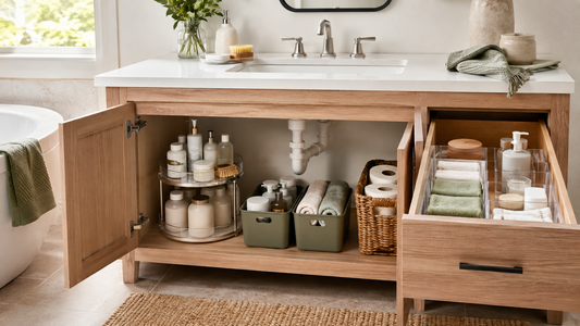 Organized bathroom vanity cabinet and drawer with bins, dividers, towels, and storage baskets