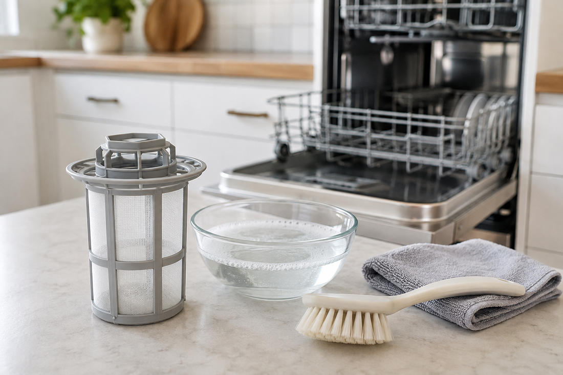 Removable dishwasher filter beside warm soapy water, a soft brush, and a microfiber cloth