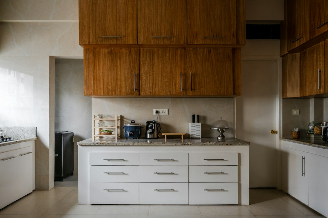 Bright kitchen with cabinet doors and a clear countertop
