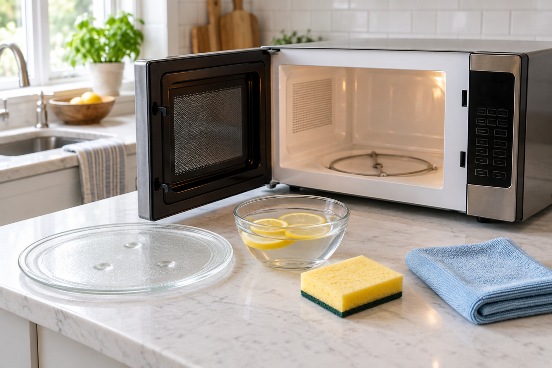 Open microwave with a glass turntable, bowl of lemon water, soft sponge, and microfiber cloth