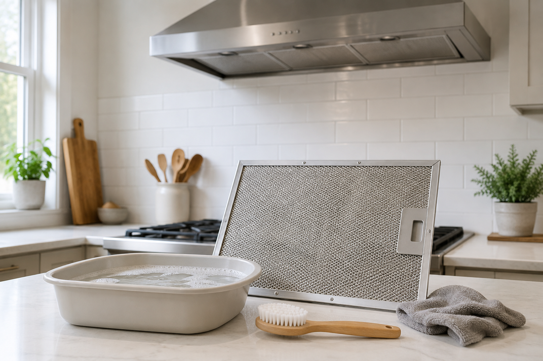Removable metal range hood filter beside warm soapy water, a soft brush, and a microfiber cloth