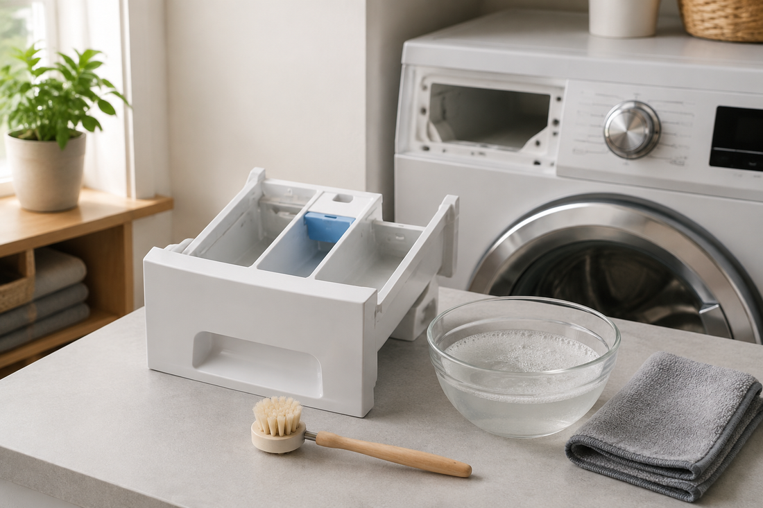 Removable washing machine detergent drawer beside warm soapy water, a soft brush, and a microfiber cloth