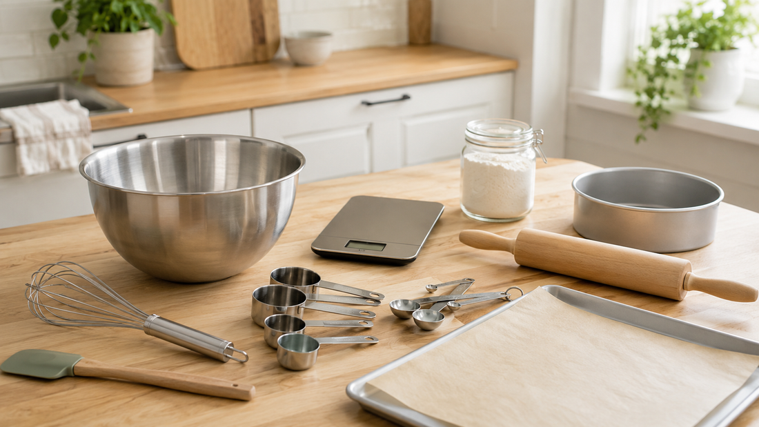 Essential beginner baking tools arranged on a bright kitchen countertop