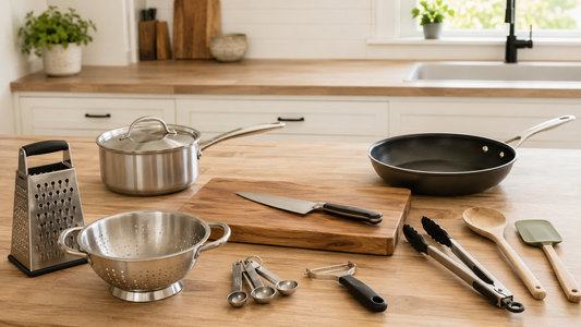 Essential cooking tools arranged safely on a bright kitchen countertop