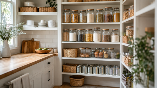 Organized kitchen pantry with practical food storage containers