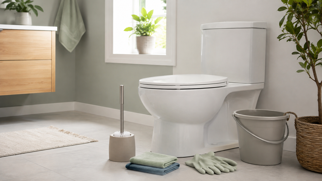 Clean white toilet with a toilet brush, microfiber cloths, gloves, and a small bucket