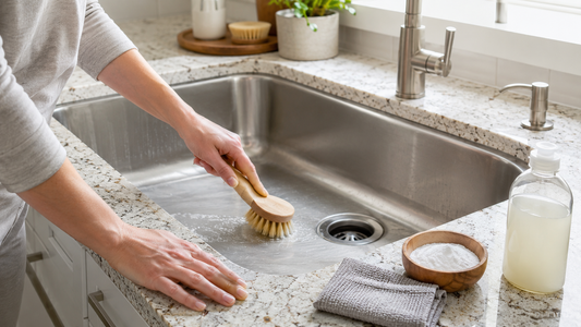 Hands cleaning a stainless-steel kitchen sink with a scrub brush