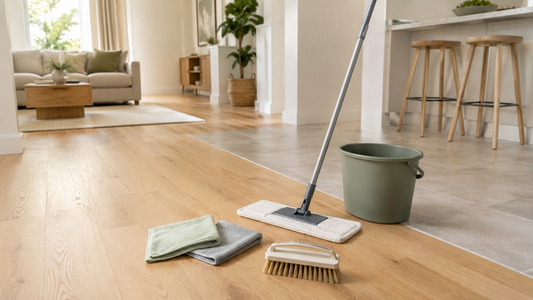 Flat microfiber mop, bucket, cloths, and floor brush on hardwood beside tile flooring