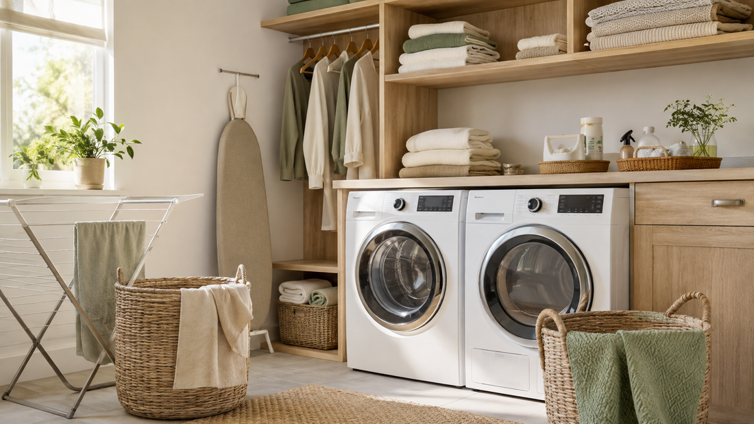 Organized laundry room with practical fabric care essentials