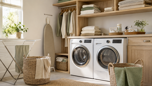 Organized laundry room with practical fabric care essentials