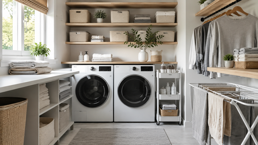 Bright organized laundry room with shelves, baskets, drying rack, and folding area