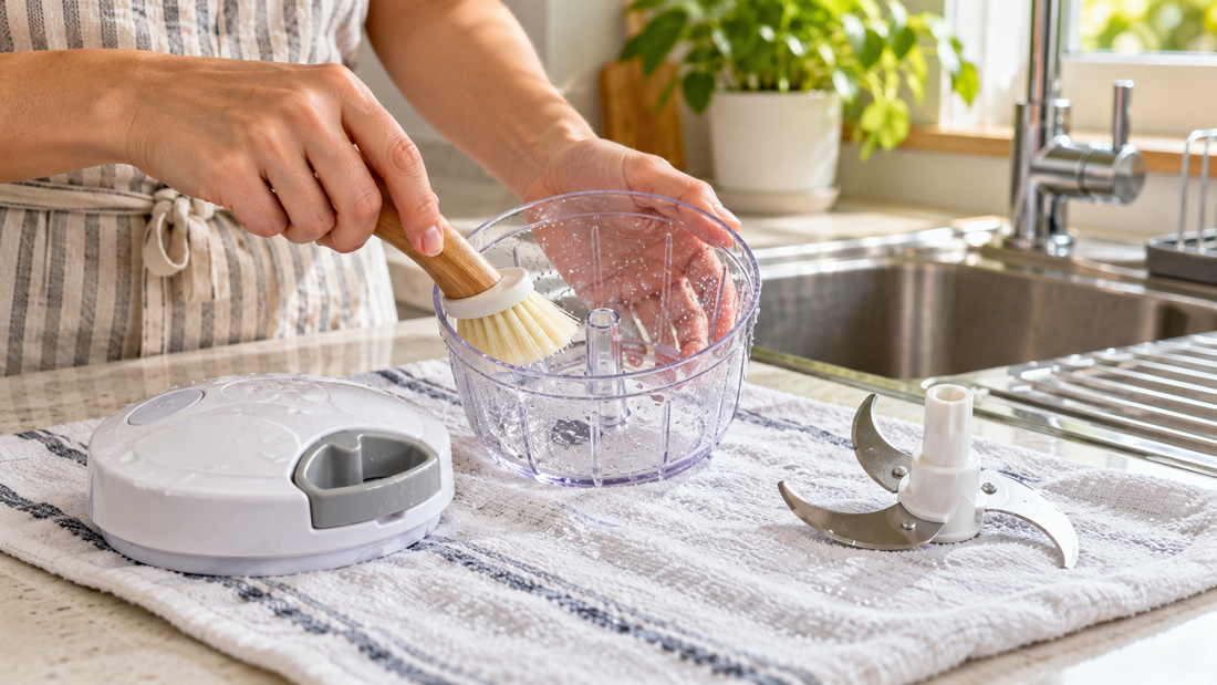 Manual vegetable chopper bowl being cleaned with a soft brush beside its removable blade and lid