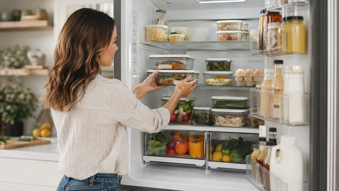 Woman organizing clear food containers and fresh produce in a refrigerator