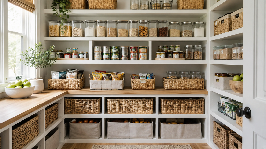 Bright organized pantry with clear food containers, baskets, shelf risers, and kitchen staples