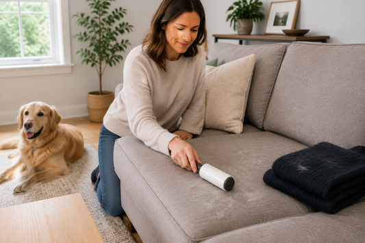 Woman removing pet hair from a sofa with a lint roller beside a golden retriever