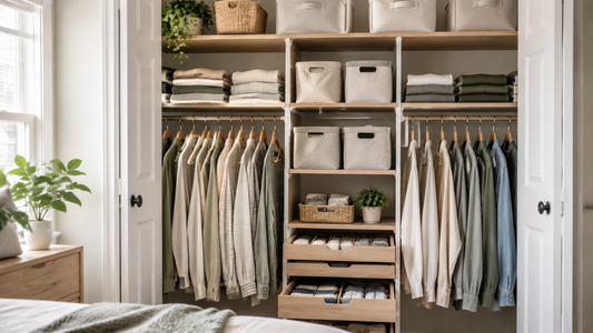 Bright organized small closet with shelves, storage bins, folded clothes, and slim hangers