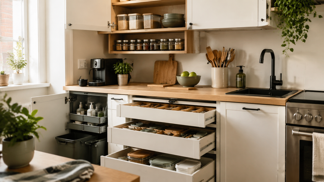 Organized small kitchen with space-saving storage tools