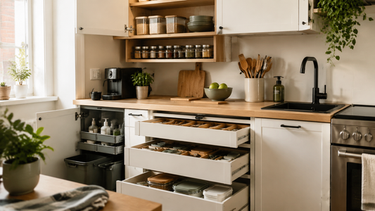 Organized small kitchen with space-saving storage tools