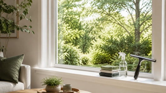 Squeegee, microfiber cloths, and spray bottle beside a bright streak-free window