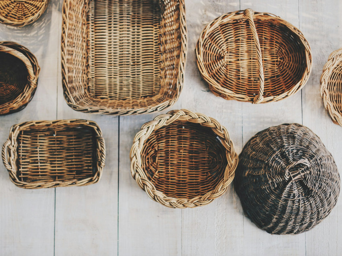 A selection of brown woven storage baskets