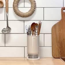 Self-Draining Utensil Drying Rack for Kitchen Counter, Compact and Durable, Beige, Perfect for Flatware & Silverware Durable and Compact Utensil Holder for Silverware, Draining Cup, 1 Pack