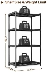 4-Tier Small Lightweight Storage Shelves with Plastic Connectors – Metal Shelf Organizer for Pantry, Closet & Bathroom, Space-Saving Sturdy Shelving Unit Rack, Black, 17.3" x 12.8" x 42.9"