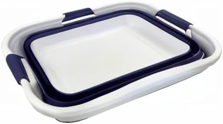 SAMMART 30L (8 gallons) Collapsible Plastic Laundry Washing Tub/Basket-Portable Pop Up Storage Container/Organizer-Foldable Laundry Hamper-Space Saving (1, White/Navy Blue)