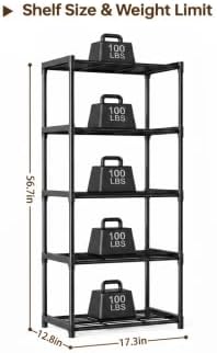 5-Tier Storage Shelves with Plastic Connectors – Metal Shelf Organizer for Pantry, Closet & Bathroom, Space-Saving Sturdy Shelving Unit Rack, Black, 17.3" x 12.8" x 56.7"
