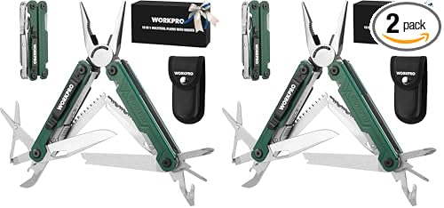 WORKPRO 18-in-1 Multi Tool Pliers, Gifts for Men, Stainless Steel EDC Multitool with Pocket Knife, 2 Safety Locks, Belt Clip and Oxford Pouch, Utility Multiuse Tool for Camping (Pack of 2)