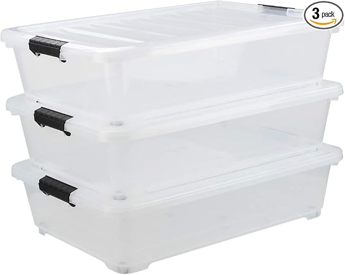 Asking 3-Pack 40 Quart Plastic Wheels Under Bed Storage Box with Lid, Clear | Latch Bin, Clear Visible Plastic Box, Secure Black Side Latch Buckles, Built-In Rolling Wheel