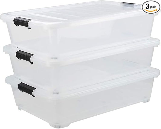 Asking 3-Pack 40 Quart Plastic Wheels Under Bed Storage Box with Lid, Clear | Latch Bin, Clear Visible Plastic Box, Secure Black Side Latch Buckles, Built-In Rolling Wheel